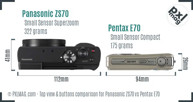 Panasonic ZS70 vs Pentax E70 top view buttons comparison