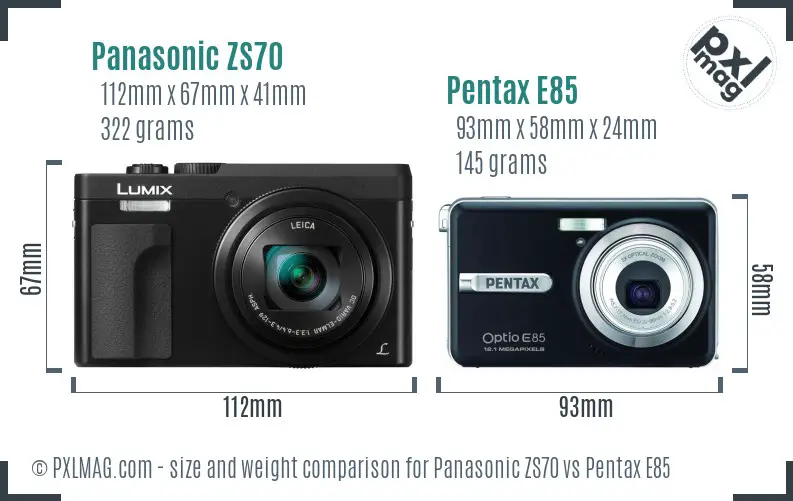 Panasonic ZS70 vs Pentax E85 size comparison