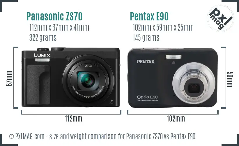 Panasonic ZS70 vs Pentax E90 size comparison