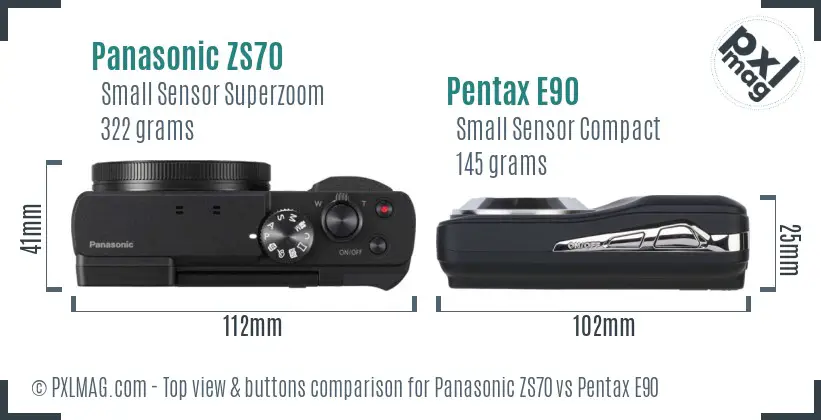 Panasonic ZS70 vs Pentax E90 top view buttons comparison