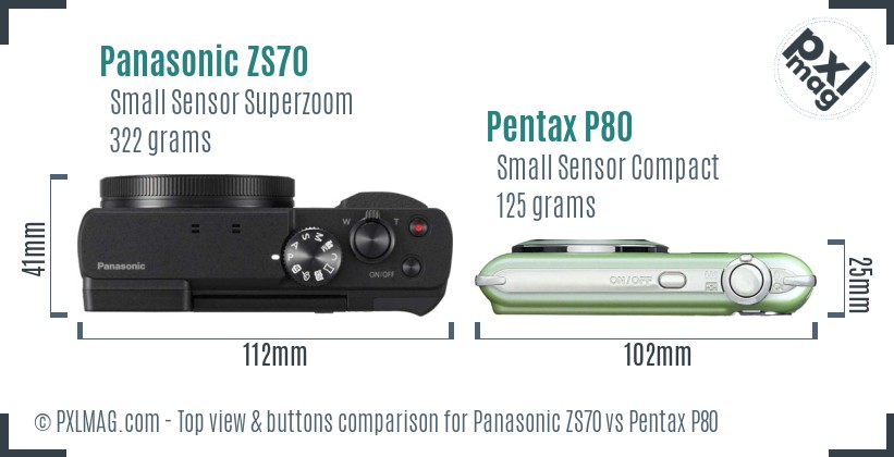 Panasonic ZS70 vs Pentax P80 top view buttons comparison