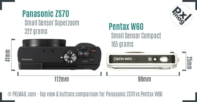 Panasonic ZS70 vs Pentax W60 top view buttons comparison