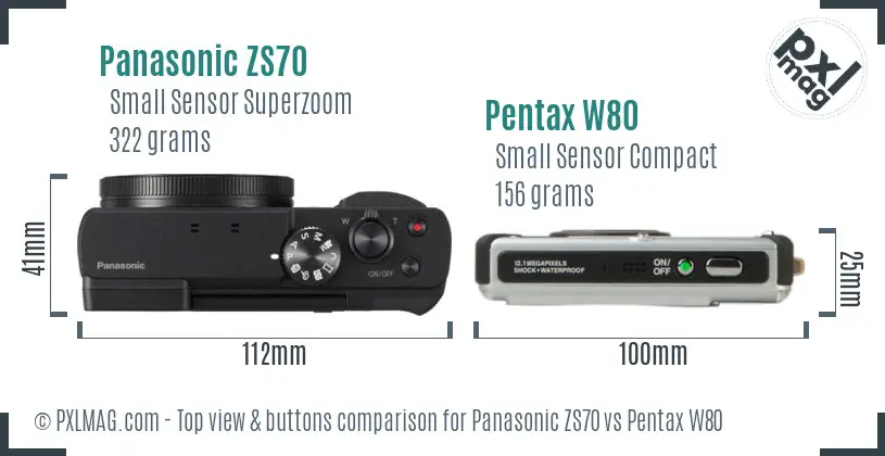 Panasonic ZS70 vs Pentax W80 top view buttons comparison