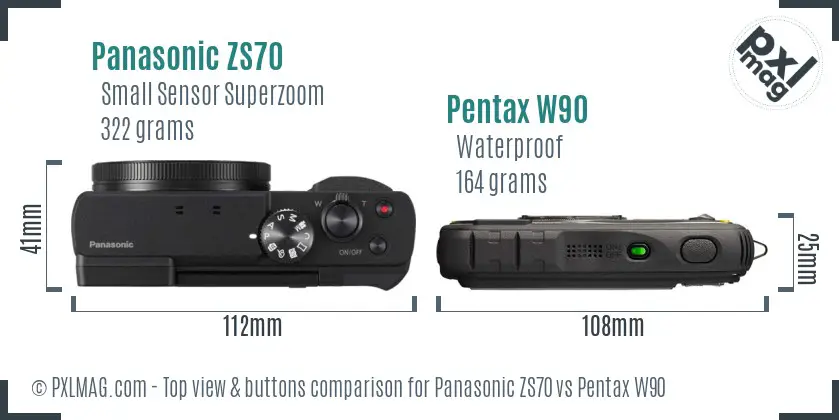 Panasonic ZS70 vs Pentax W90 top view buttons comparison