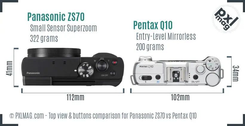 Panasonic ZS70 vs Pentax Q10 top view buttons comparison