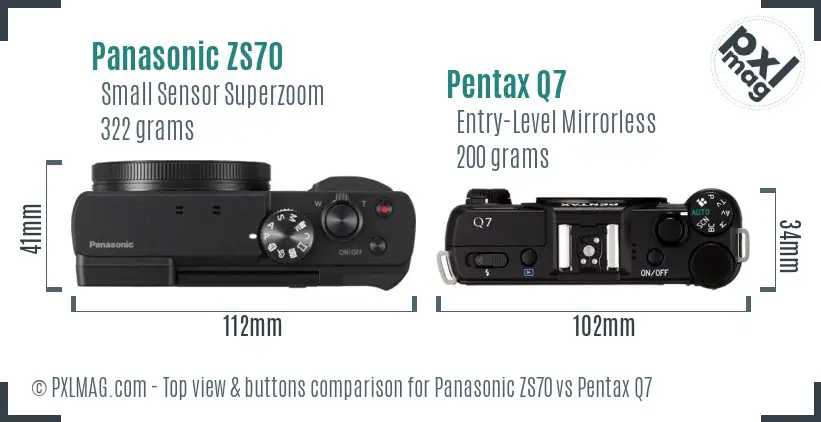 Panasonic ZS70 vs Pentax Q7 top view buttons comparison