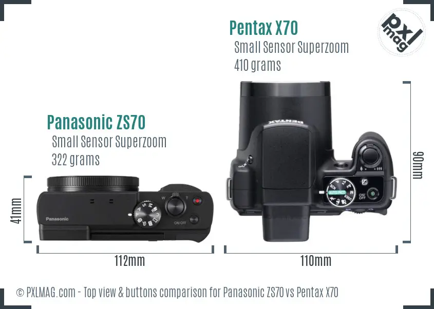 Panasonic ZS70 vs Pentax X70 top view buttons comparison