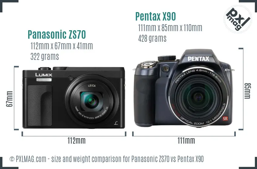 Panasonic ZS70 vs Pentax X90 size comparison