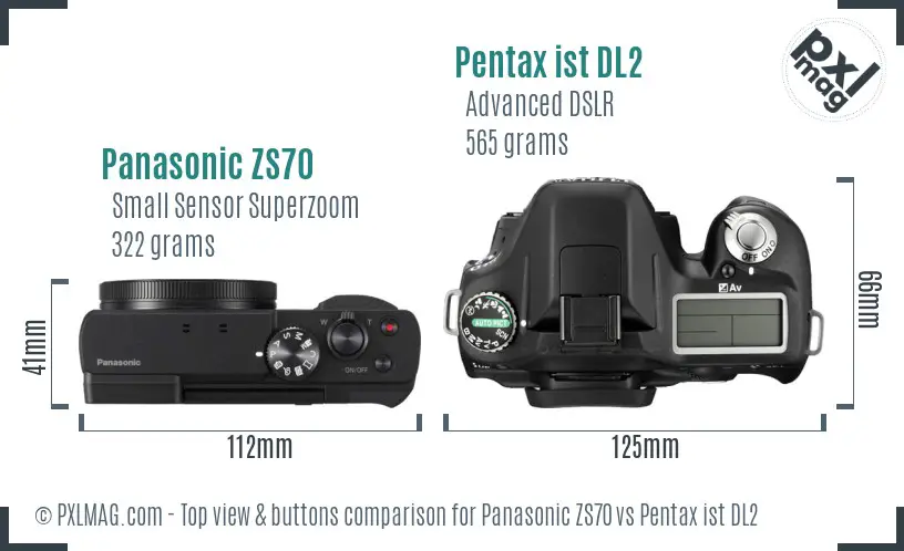 Panasonic ZS70 vs Pentax ist DL2 top view buttons comparison