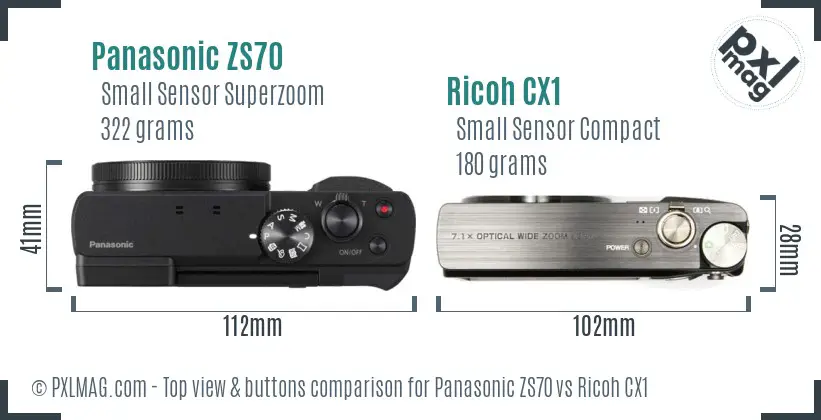 Panasonic ZS70 vs Ricoh CX1 top view buttons comparison