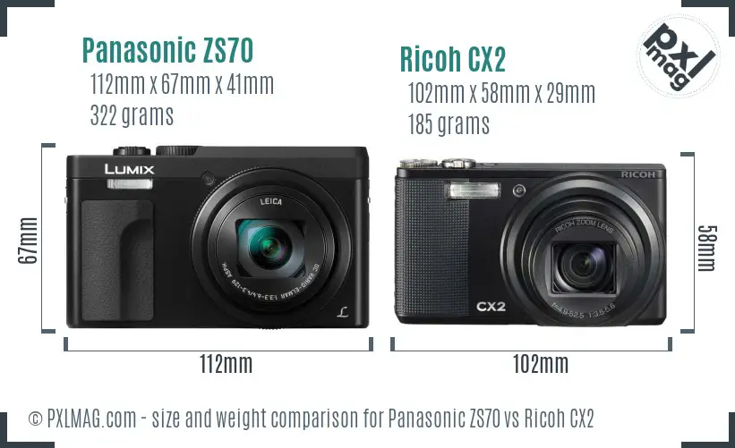 Panasonic ZS70 vs Ricoh CX2 size comparison