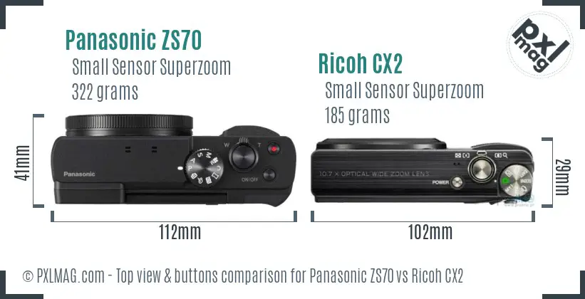 Panasonic ZS70 vs Ricoh CX2 top view buttons comparison