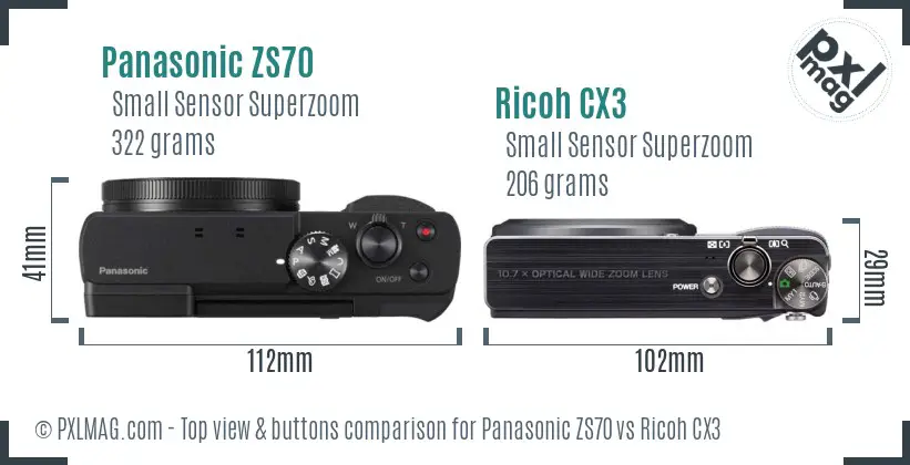 Panasonic ZS70 vs Ricoh CX3 top view buttons comparison