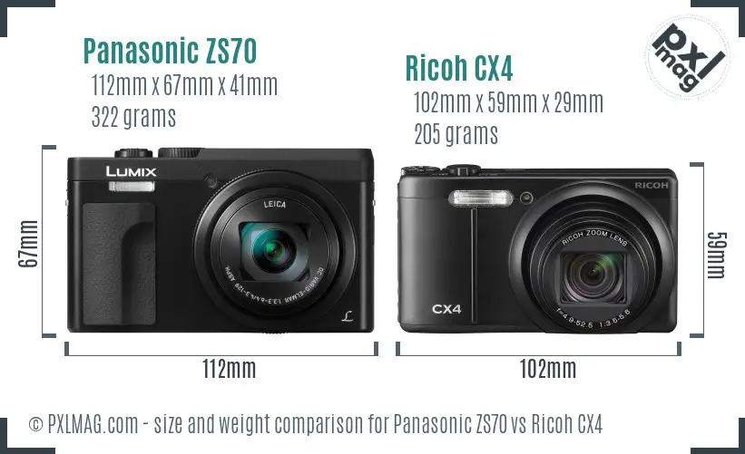 Panasonic ZS70 vs Ricoh CX4 size comparison