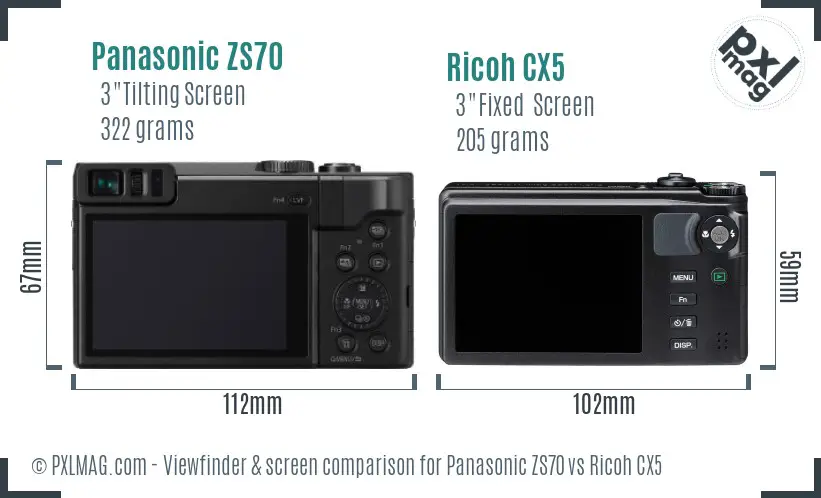 Panasonic ZS70 vs Ricoh CX5 Screen and Viewfinder comparison