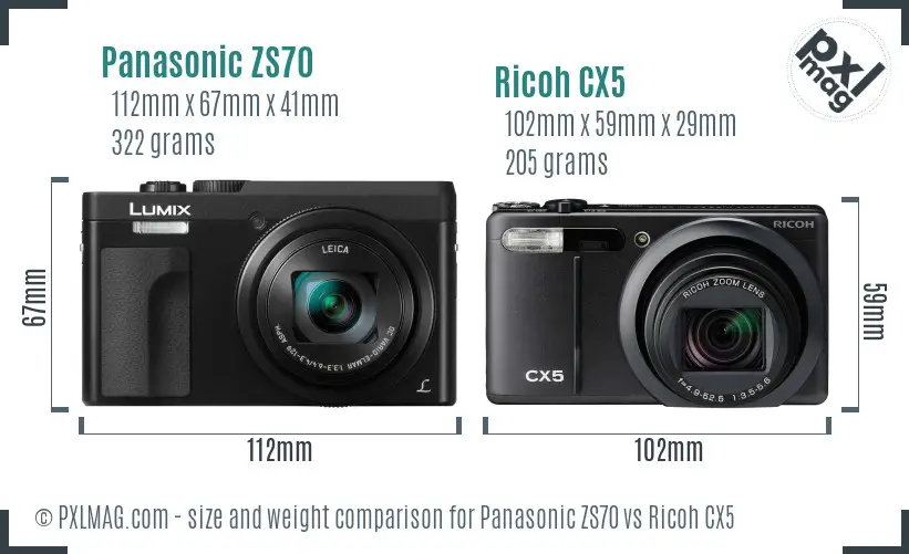 Panasonic ZS70 vs Ricoh CX5 size comparison