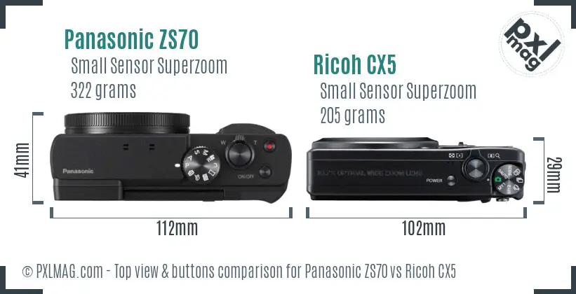 Panasonic ZS70 vs Ricoh CX5 top view buttons comparison