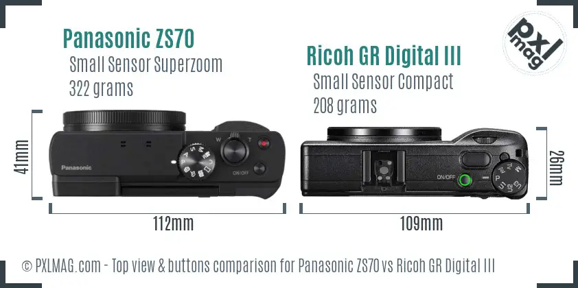 Panasonic ZS70 vs Ricoh GR Digital III top view buttons comparison