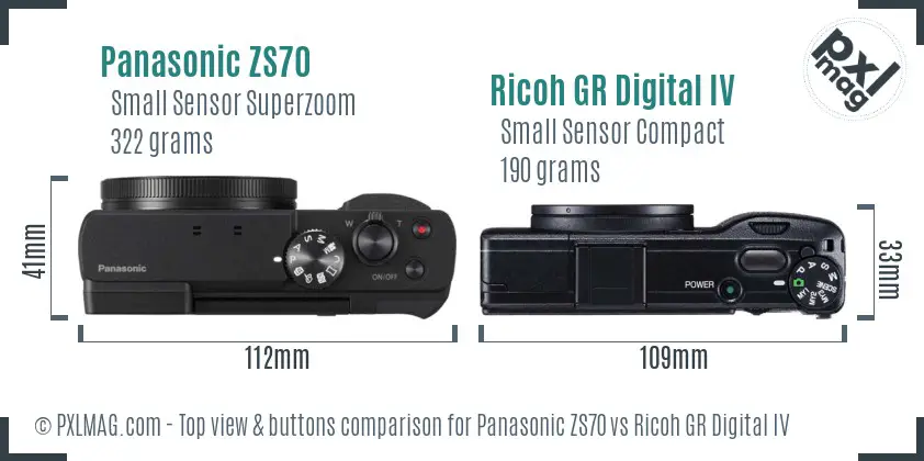 Panasonic ZS70 vs Ricoh GR Digital IV top view buttons comparison