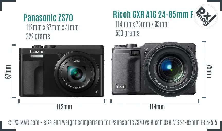 Panasonic ZS70 vs Ricoh GXR A16 24-85mm F3.5-5.5 size comparison