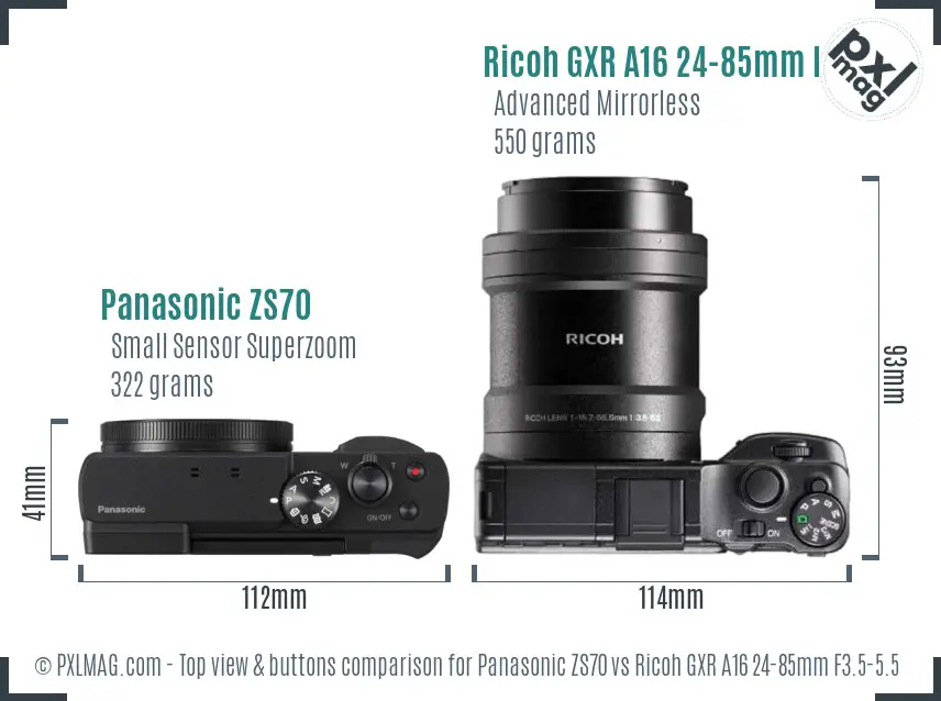 Panasonic ZS70 vs Ricoh GXR A16 24-85mm F3.5-5.5 top view buttons comparison