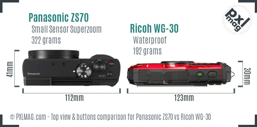 Panasonic ZS70 vs Ricoh WG-30 top view buttons comparison