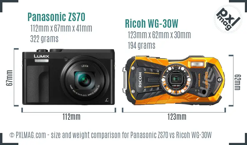 Panasonic ZS70 vs Ricoh WG-30W size comparison