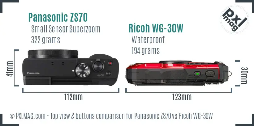 Panasonic ZS70 vs Ricoh WG-30W top view buttons comparison