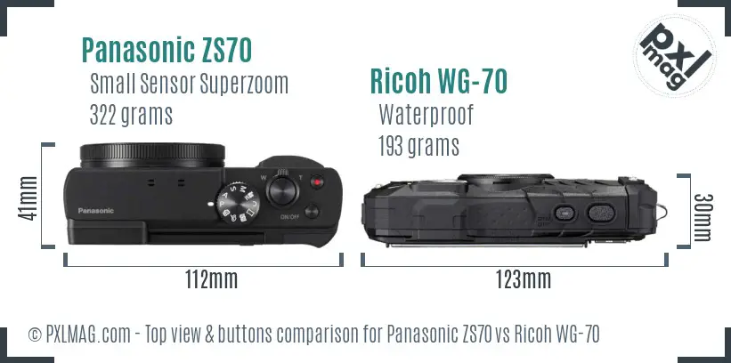 Panasonic ZS70 vs Ricoh WG-70 top view buttons comparison Panasonic ZS70 vs Ricoh WG-70 top view buttons comparison