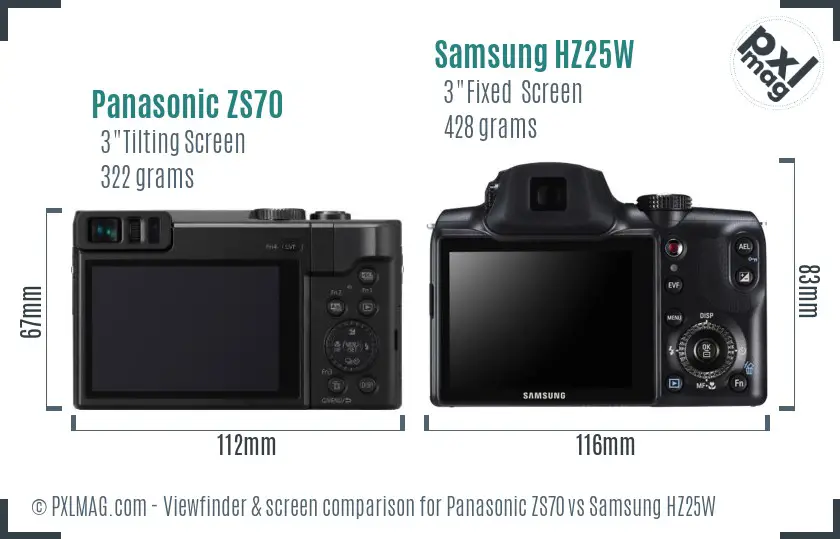 Panasonic ZS70 vs Samsung HZ25W Screen and Viewfinder comparison