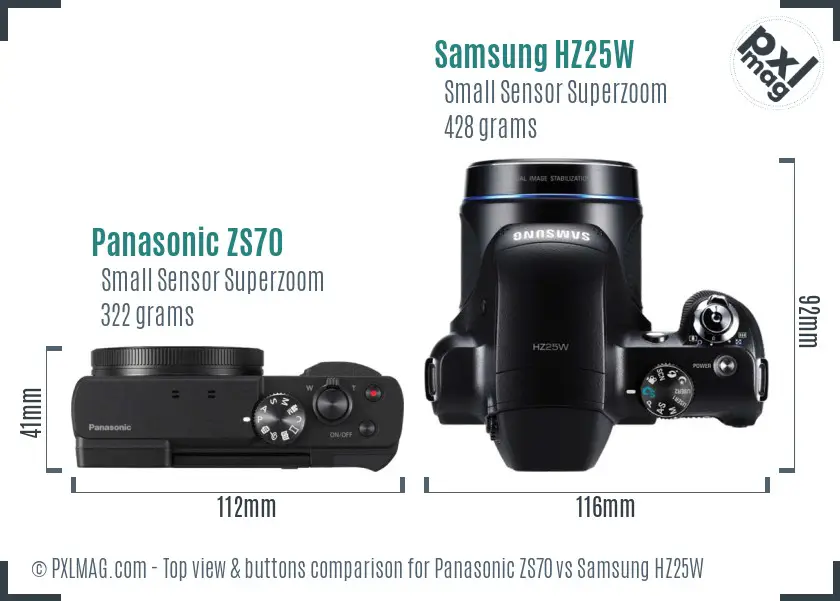 Panasonic ZS70 vs Samsung HZ25W top view buttons comparison