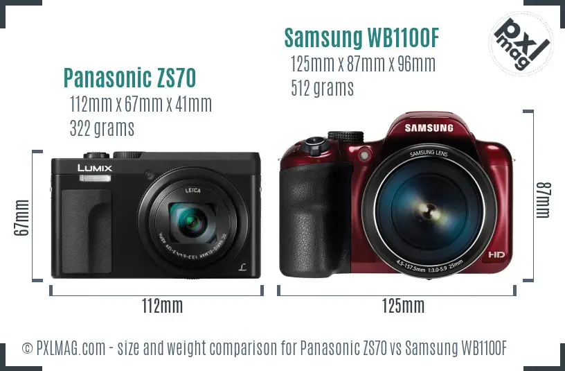 Panasonic ZS70 vs Samsung WB1100F size comparison