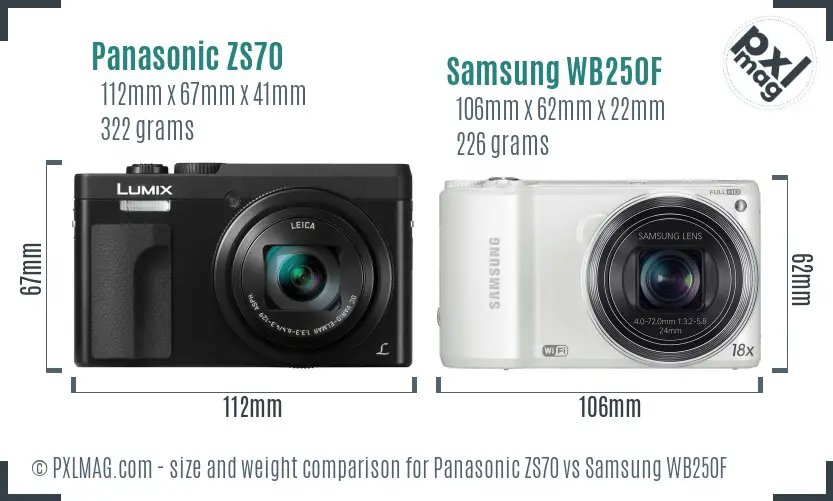 Panasonic ZS70 vs Samsung WB250F size comparison