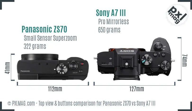 Panasonic ZS70 vs Sony A7 III top view buttons comparison