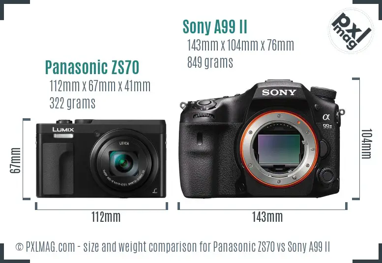 Panasonic ZS70 vs Sony A99 II size comparison