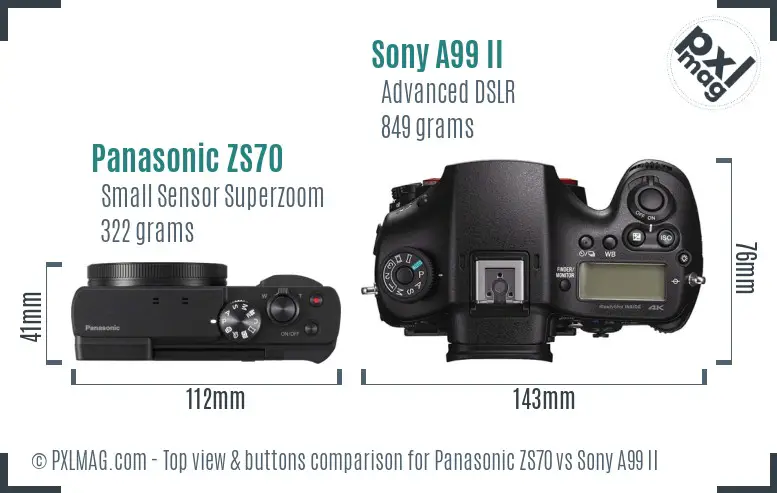 Panasonic ZS70 vs Sony A99 II top view buttons comparison