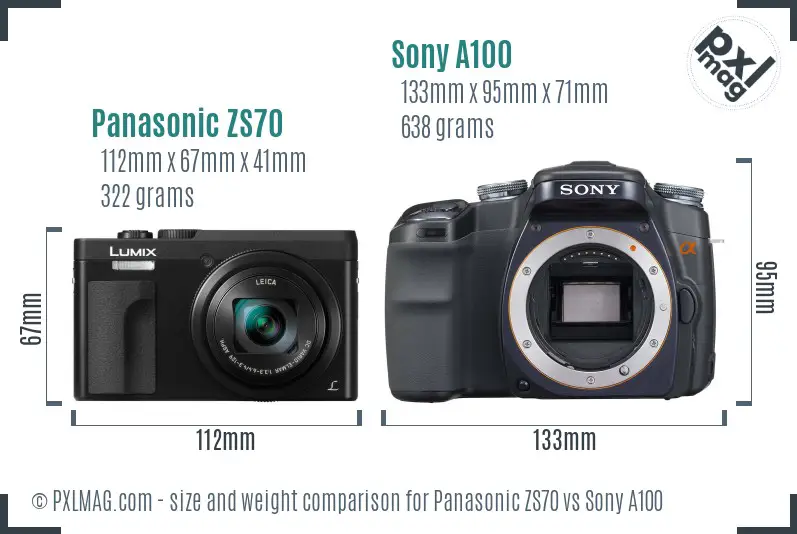 Panasonic ZS70 vs Sony A100 size comparison