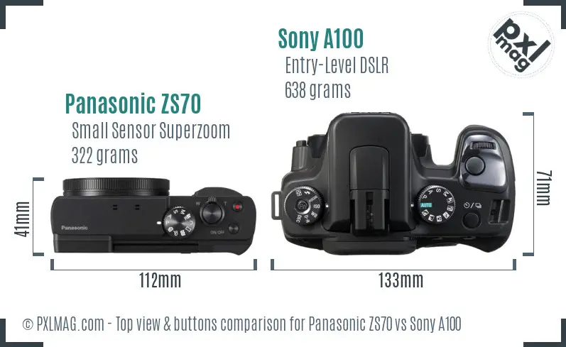 Panasonic ZS70 vs Sony A100 top view buttons comparison