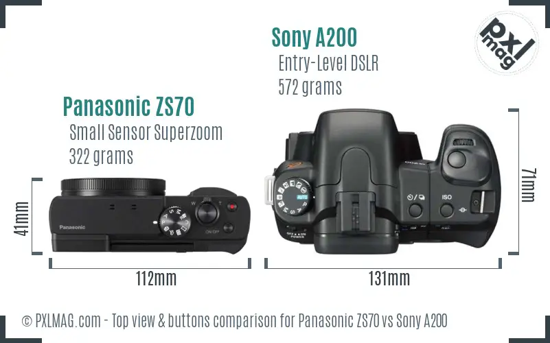 Panasonic ZS70 vs Sony A200 top view buttons comparison