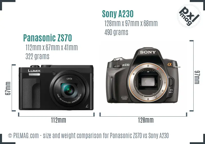 Panasonic ZS70 vs Sony A230 size comparison