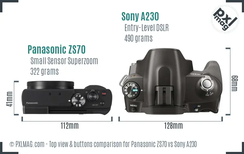 Panasonic ZS70 vs Sony A230 top view buttons comparison