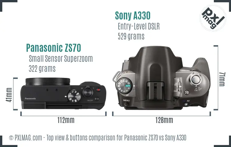 Panasonic ZS70 vs Sony A330 top view buttons comparison Panasonic ZS70 vs Sony A330 top view buttons comparison