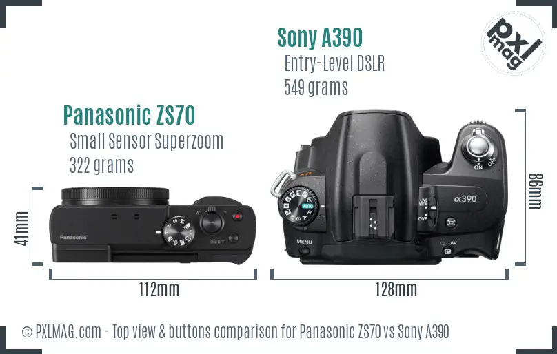 Panasonic ZS70 vs Sony A390 top view buttons comparison