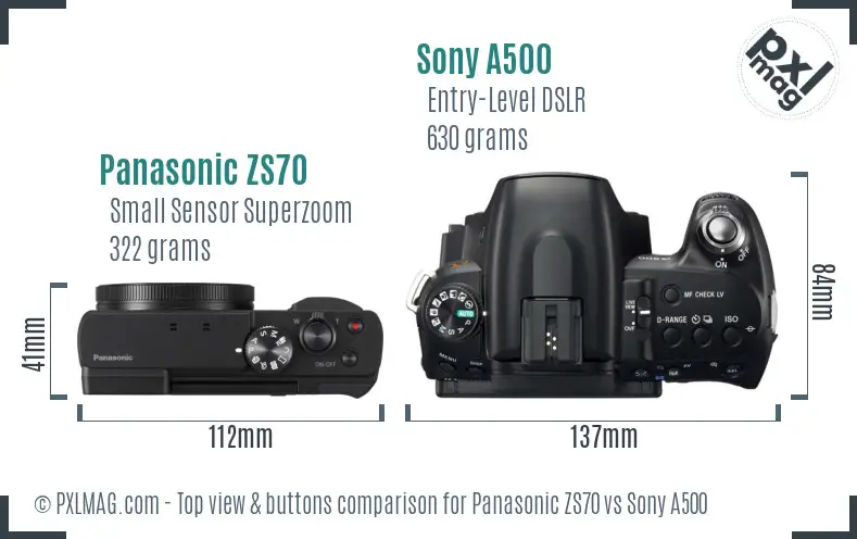 Panasonic ZS70 vs Sony A500 top view buttons comparison