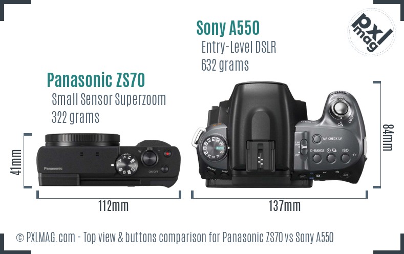 Panasonic ZS70 vs Sony A550 top view buttons comparison