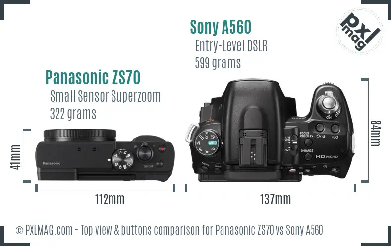 Panasonic ZS70 vs Sony A560 top view buttons comparison Panasonic ZS70 vs Sony A560 top view buttons comparison