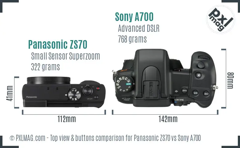 Panasonic ZS70 vs Sony A700 top view buttons comparison