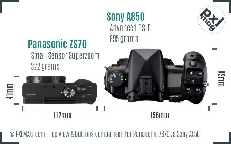 Panasonic ZS70 vs Sony A850 top view buttons comparison Panasonic ZS70 vs Sony A850 top view buttons comparison
