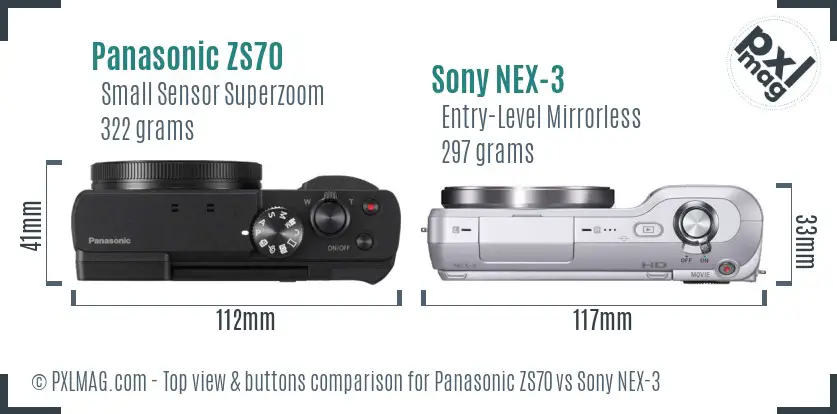 Panasonic ZS70 vs Sony NEX-3 top view buttons comparison Panasonic ZS70 vs Sony NEX-3 top view buttons comparison