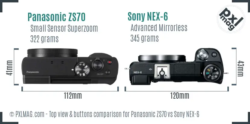 Panasonic ZS70 vs Sony NEX-6 top view buttons comparison